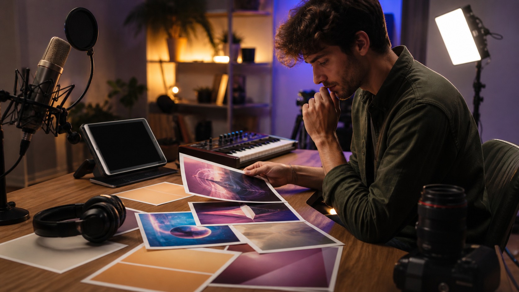 Creator studio with vocal microphone, headphones, tablet turned off, video light, keyboard, camera lens, and no readable text