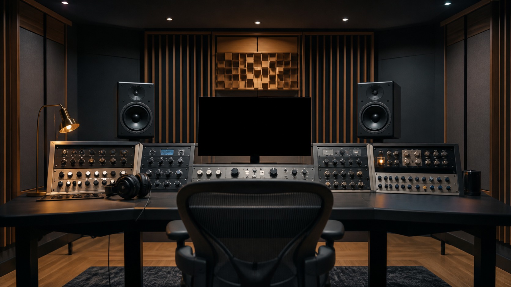 Mastering studio with precise monitors, acoustic treatment, hardware knobs, headphones, and blank display