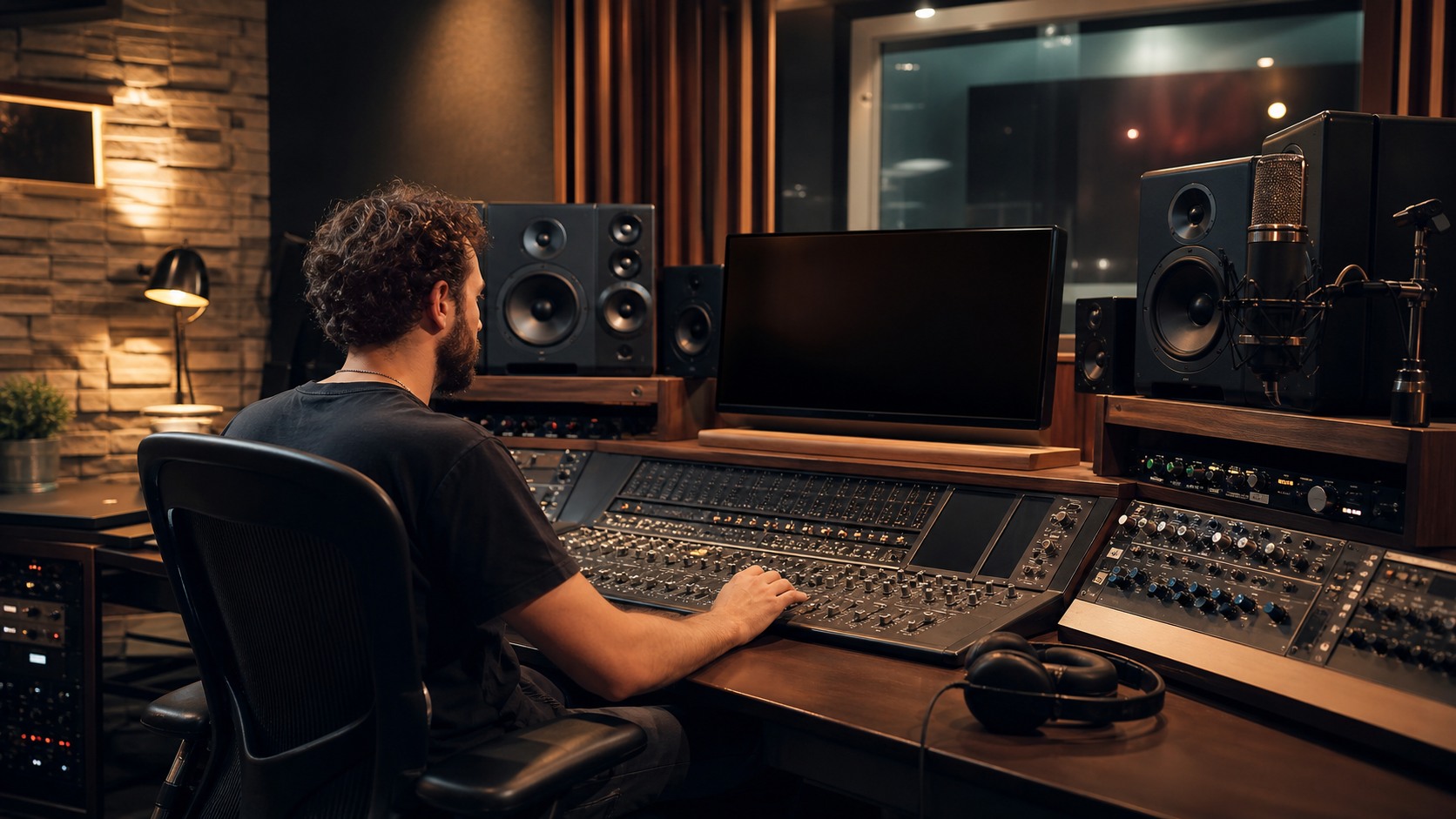 Professional mix room with control surface, monitors, microphone, and dark unreadable display