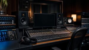 Professional mixing studio with console, monitors, headphones, and dark unreadable display
