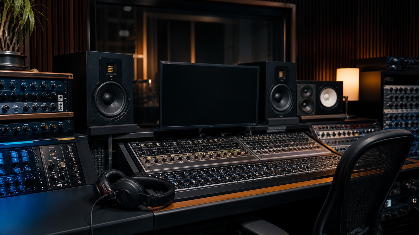 Professional mixing studio with console, monitors, headphones, and dark unreadable display