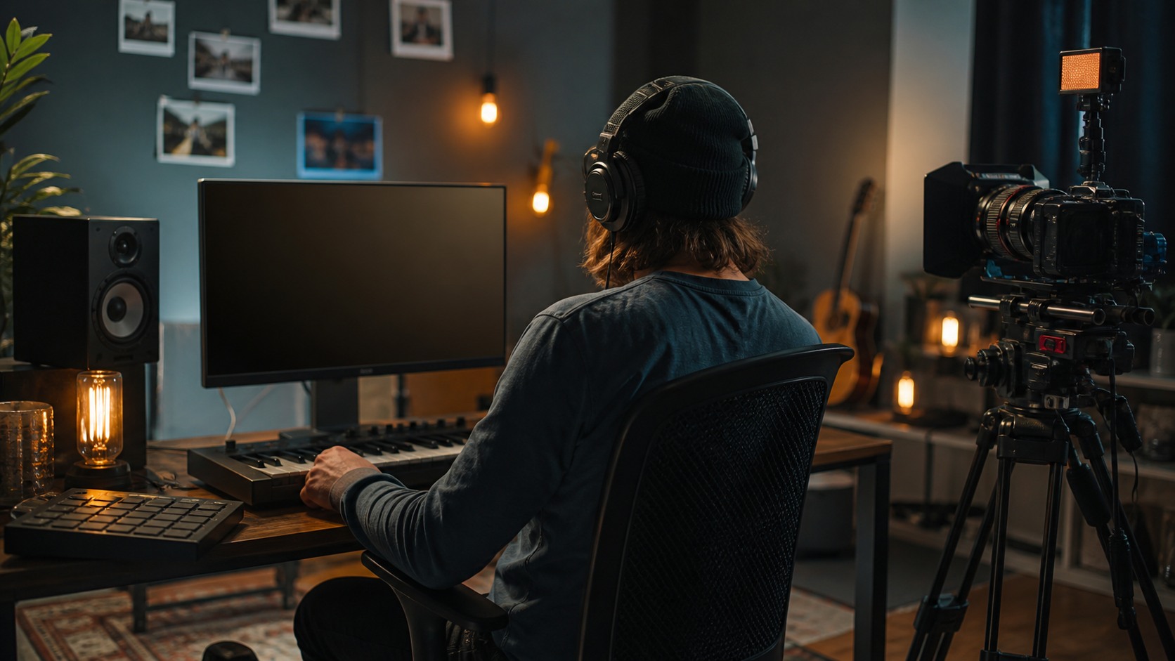 Music video production set with camera, lights, headphones, instruments, storyboard cards without readable text, and blank monitor