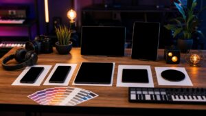 Social promo comparison workspace with blank format mockups, phone and tablet black screens, headphones, camera, lights, color swatches, and music gear