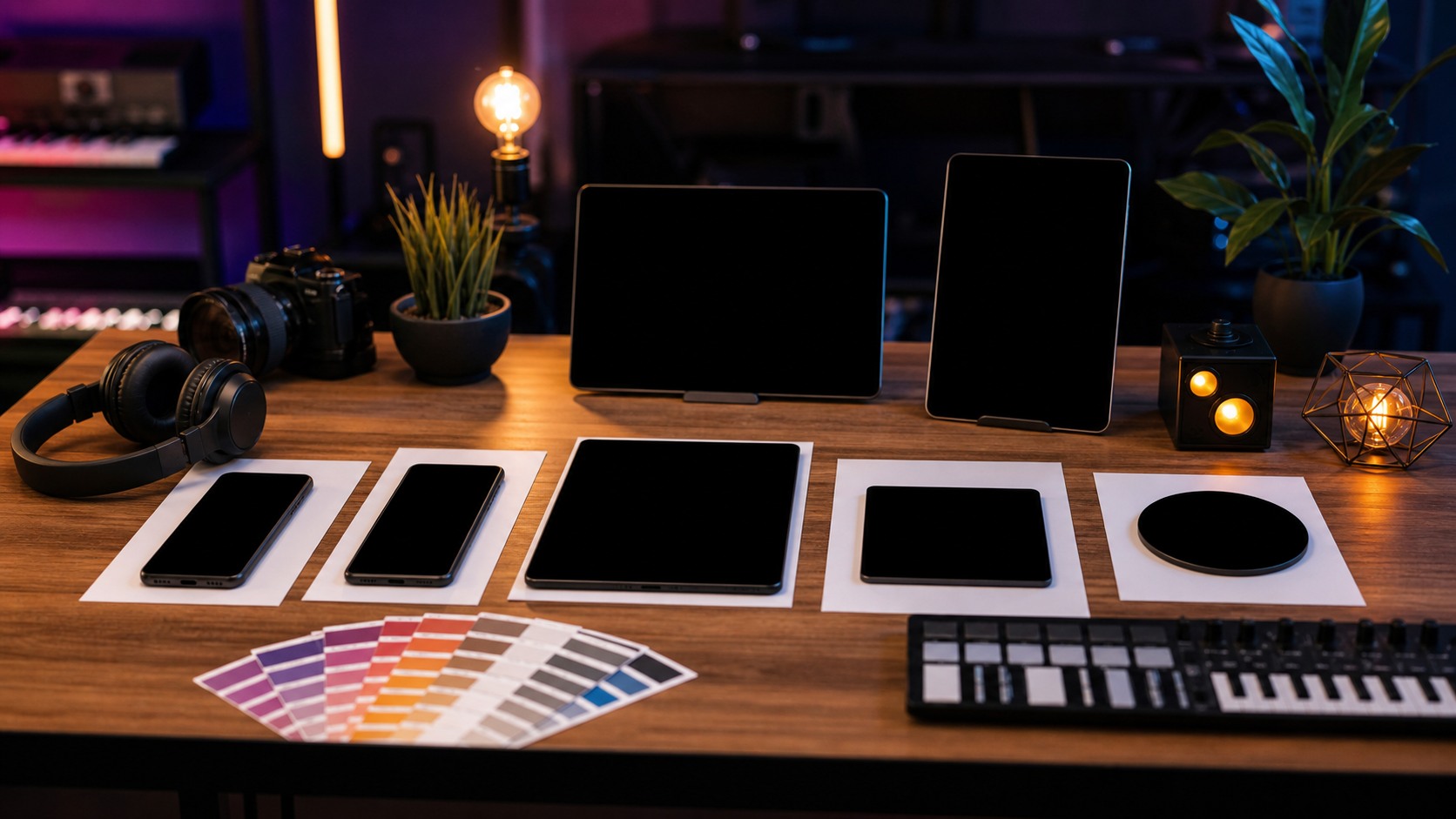 Social promo comparison workspace with blank format mockups, phone and tablet black screens, headphones, camera, lights, color swatches, and music gear