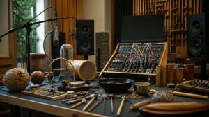 Advanced sound design lab with microphones, resonant objects, synthesizer modules, speakers, and blank screens