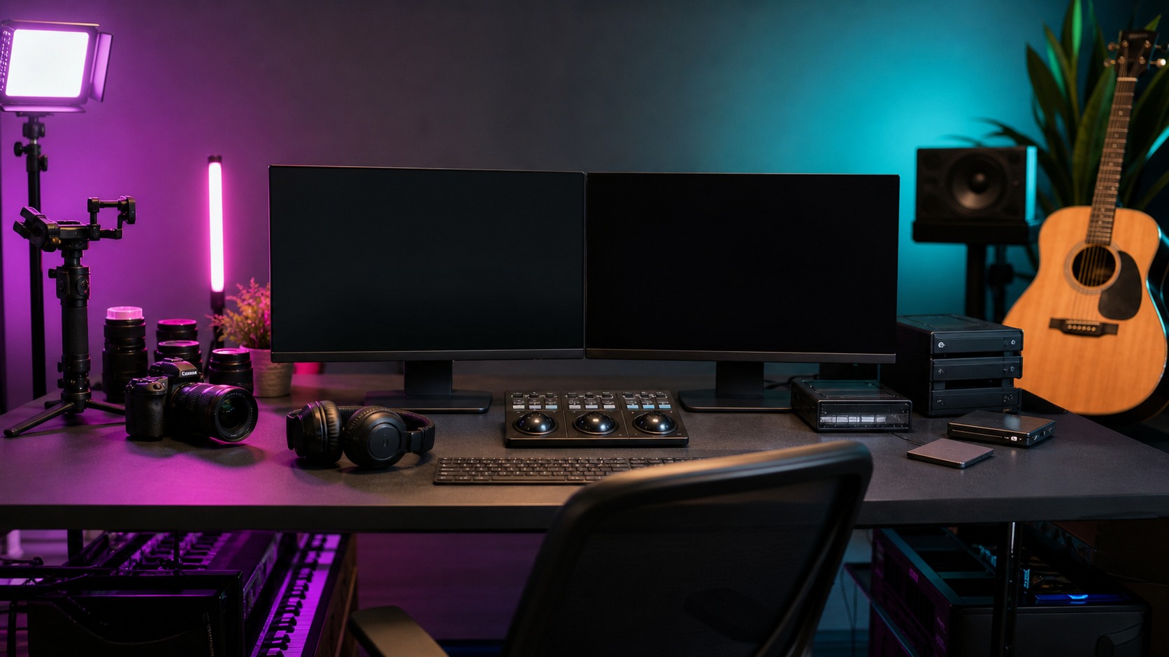 Music artist video production desk with blank monitors, headphones, camera, portable lights, instruments, media drives, and video controller