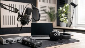 Professional voice cleanup workstation with microphone, headphones, acoustic panels, recorder, interface, and blank laptop