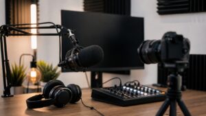 Creator audio setup with podcast microphone, camera object, headphones, acoustic panels, mixer, and blank screen