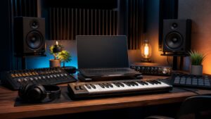 Producer workstation with MIDI keyboard, controller, monitors, headphones, and blank display