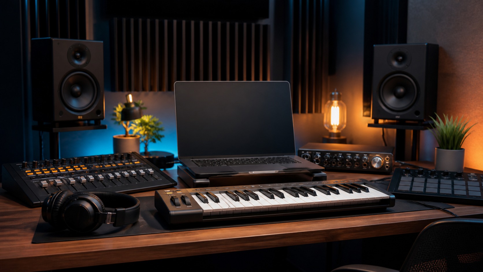 Producer workstation with MIDI keyboard, controller, monitors, headphones, and blank display