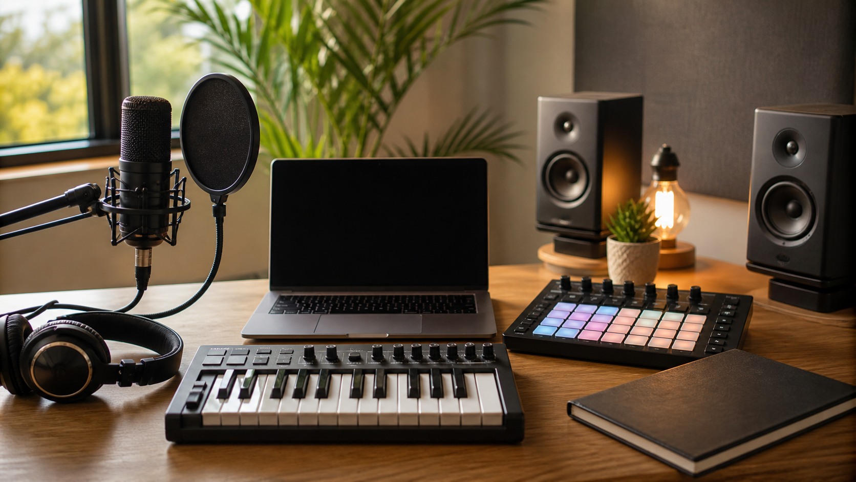 Beginner production desk with MIDI keyboard, headphones, notebook, microphone, audio interface, and blank laptop
