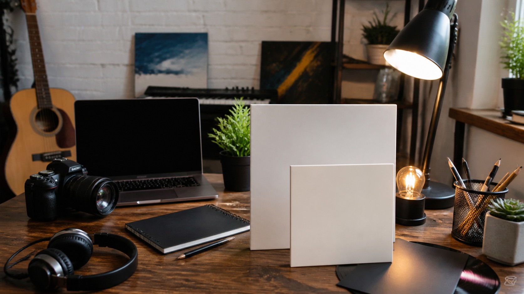 Budget-friendly musician artwork setup with blank album sleeve mockups, headphones, inexpensive light, camera, instruments, and blank laptop