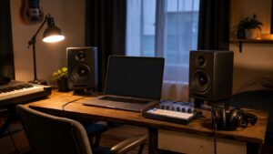 Budget-friendly bedroom music studio with monitors, headphones, controller, and blank laptop