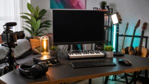 Budget-friendly musician video creation setup with camera, portable light, headphones, audio interface, props, instruments, and blank display