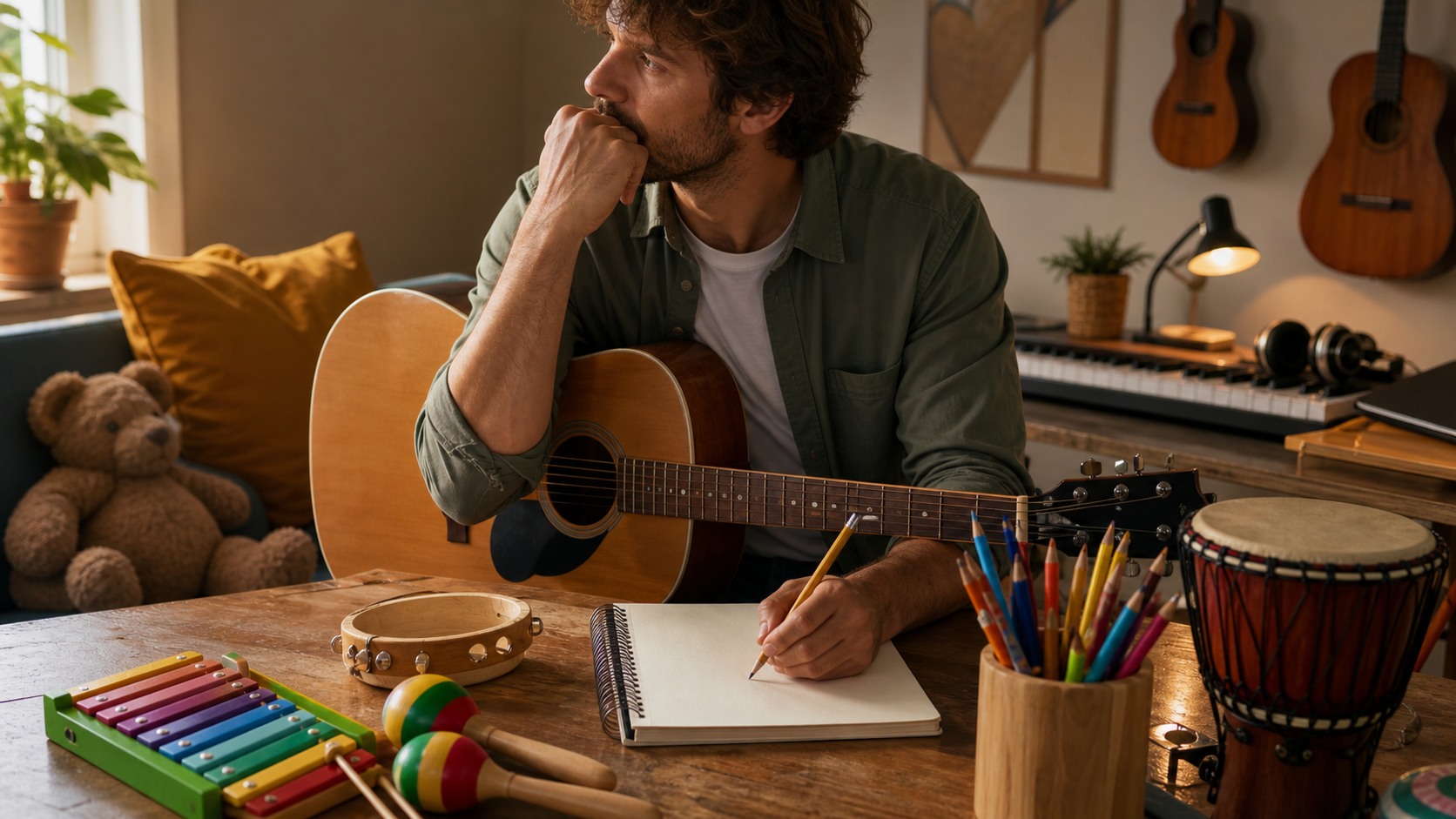 Songwriter with guitar and children's instruments in a warm creative room
