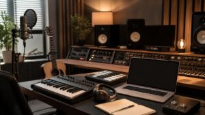 Music production room with songwriting notes, microphone, keyboard, monitors, headphones, storage drives, and blank laptop