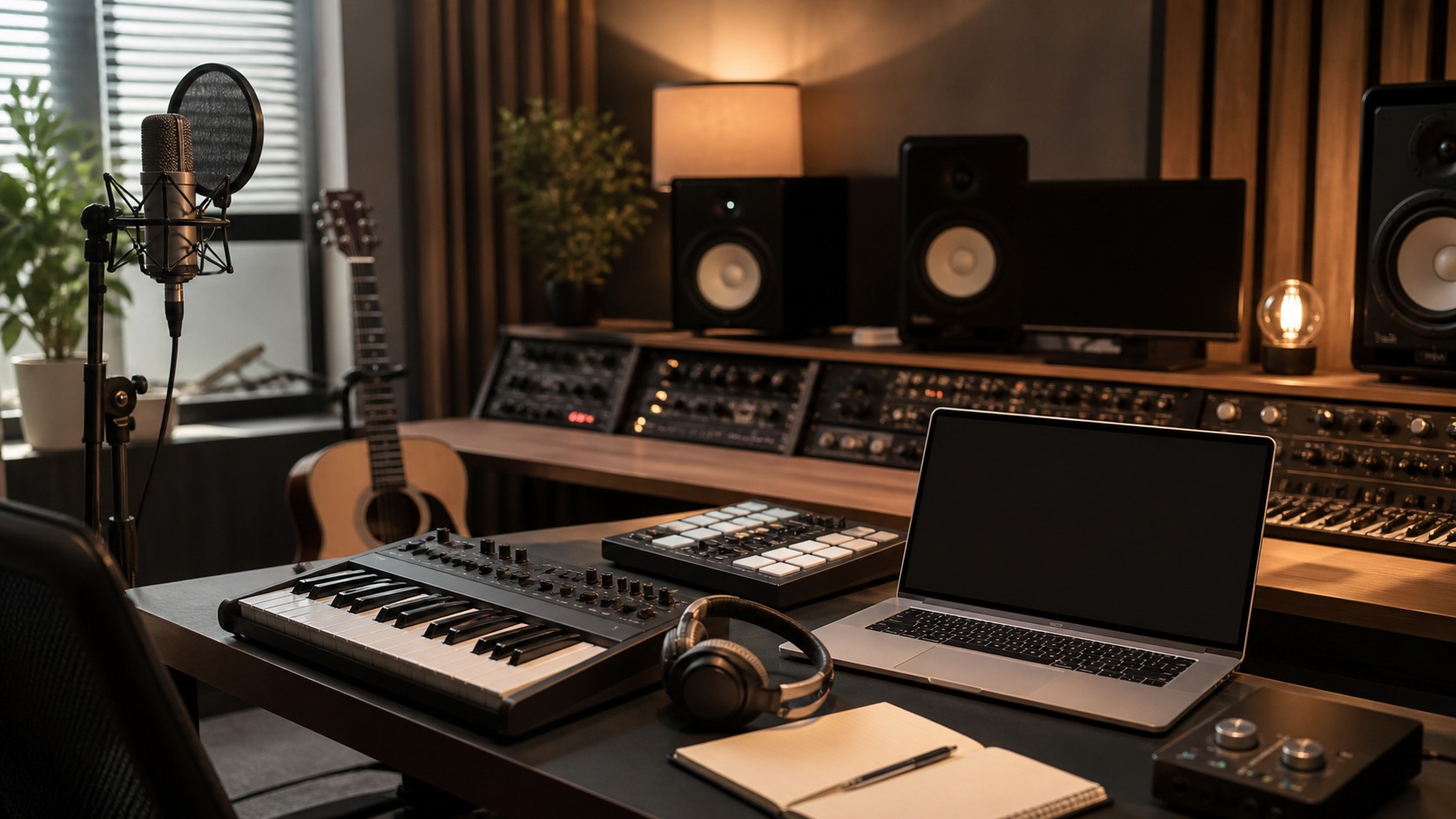 Music production room with songwriting notes, microphone, keyboard, monitors, headphones, storage drives, and blank laptop