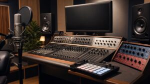 Studio control room with vocal microphone, drum pad controller, monitors, faders, outboard dynamics gear, and blank display