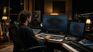 Modern DAW-centered studio with instruments, microphones, controllers, and unreadable displays