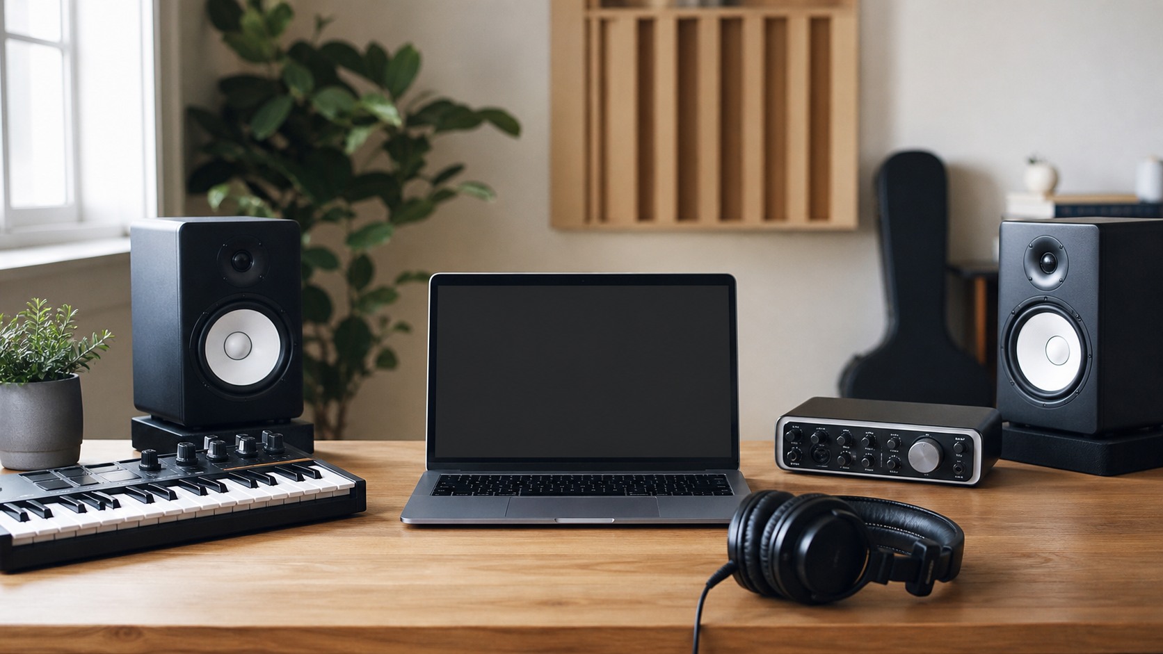 Approachable home studio with monitors, headphones, audio interface, keyboard, and blank laptop