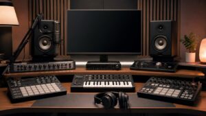 Organized music production workspace with keyboard, microphones, headphones, labeled drives, controller, and blank display