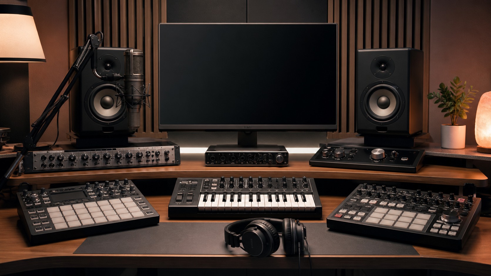 Organized music production workspace with keyboard, microphones, headphones, labeled drives, controller, and blank display