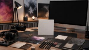 Professional album art preparation desk with blank square mockups, headphones, camera, lighting, texture samples, pencils, and blank monitor