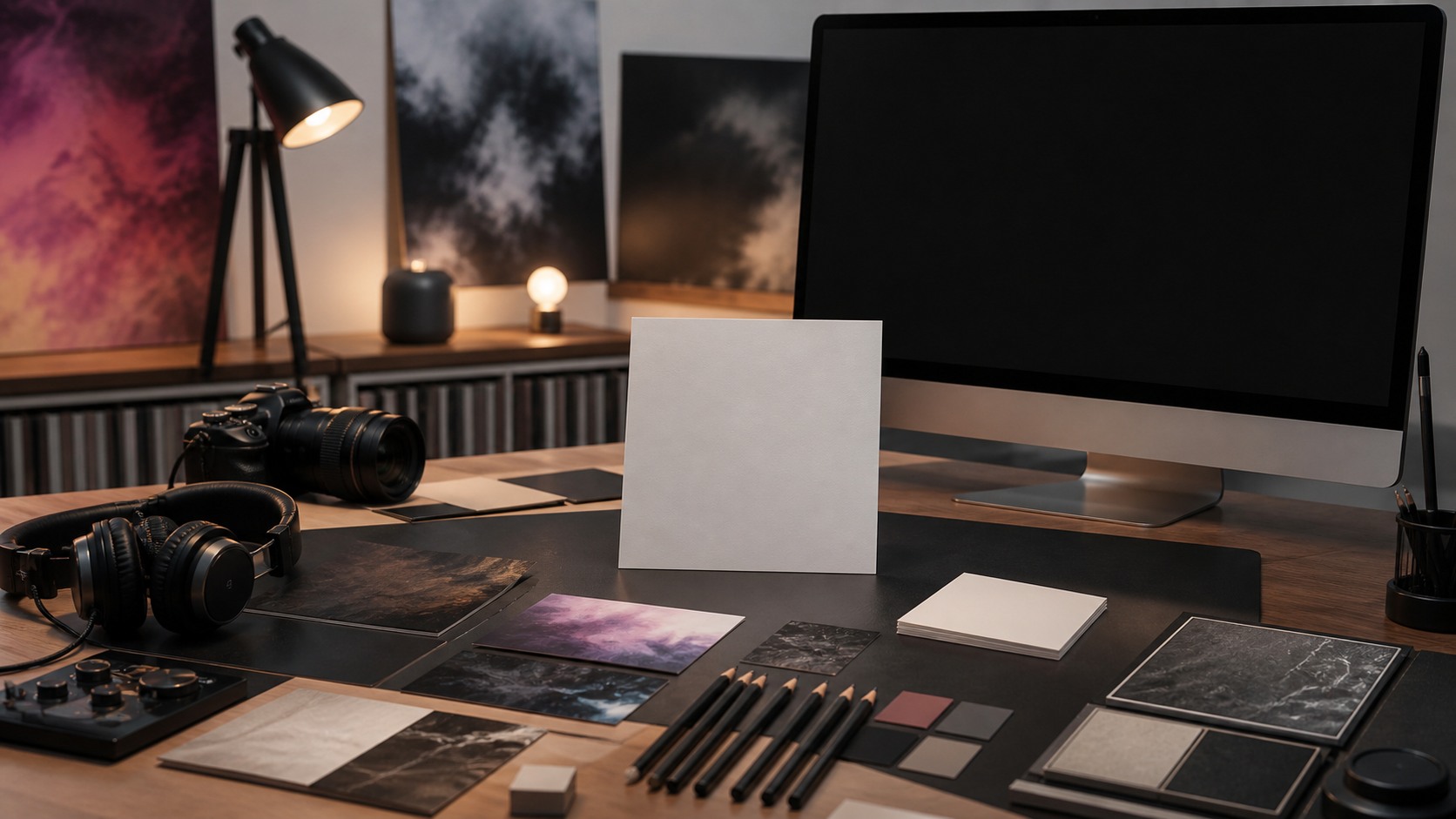 Professional album art preparation desk with blank square mockups, headphones, camera, lighting, texture samples, pencils, and blank monitor