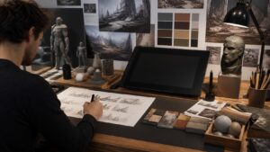 Professional concept-art desk with blank thumbnails, black drawing tablet, stylus, sculptural forms, lighting, textures, and color blocks