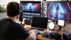 Fast creator workstation with headphones, microphone, compact light, camera, blank laptop, media drives, and clean desk