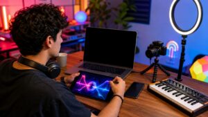 Social-video music animation workspace with headphones, small camera, ring light, stylus, blank phone face down, MIDI controller, colorful props, and black laptop screen