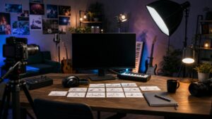 Music video planning studio with camera, lights, headphones, instruments, storyboard cards, and blank monitor