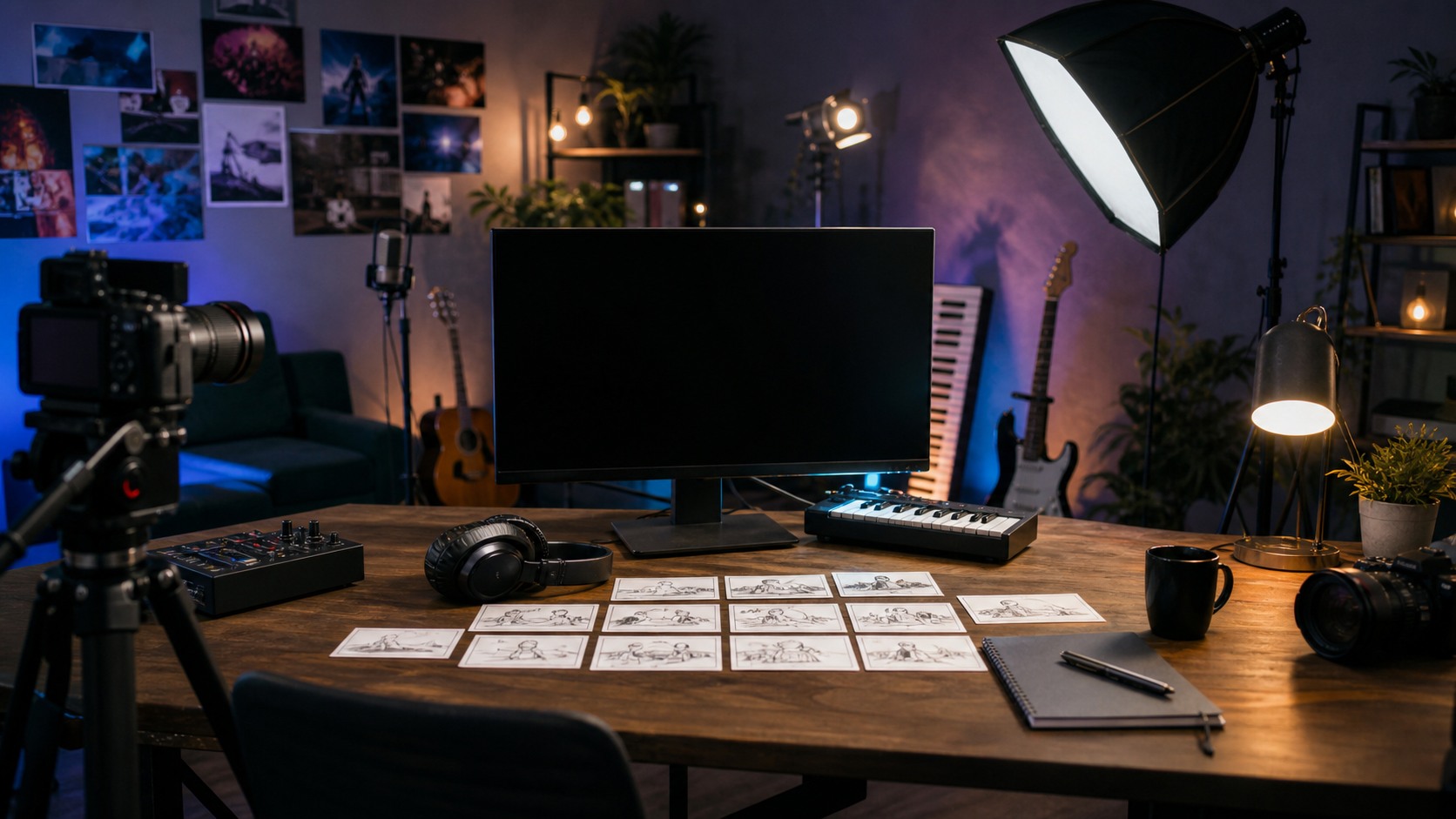 Music video planning studio with camera, lights, headphones, instruments, storyboard cards, and blank monitor