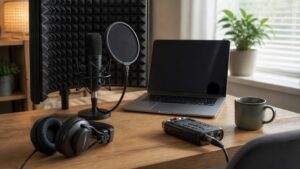 Home voice recording desk with microphone, headphones, acoustic treatment, recorder, plant, cup, and blank laptop