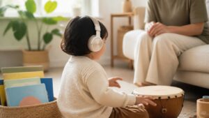 Child listening with headphones near simple percussion in a calm family music corner