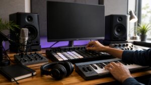 Producer adjusting controller at a DAW workstation with microphone, keyboard, pads, and blank display