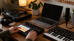 Beginner sampling desk with pad controller, headphones, microphone, source player, synth, and blank laptop